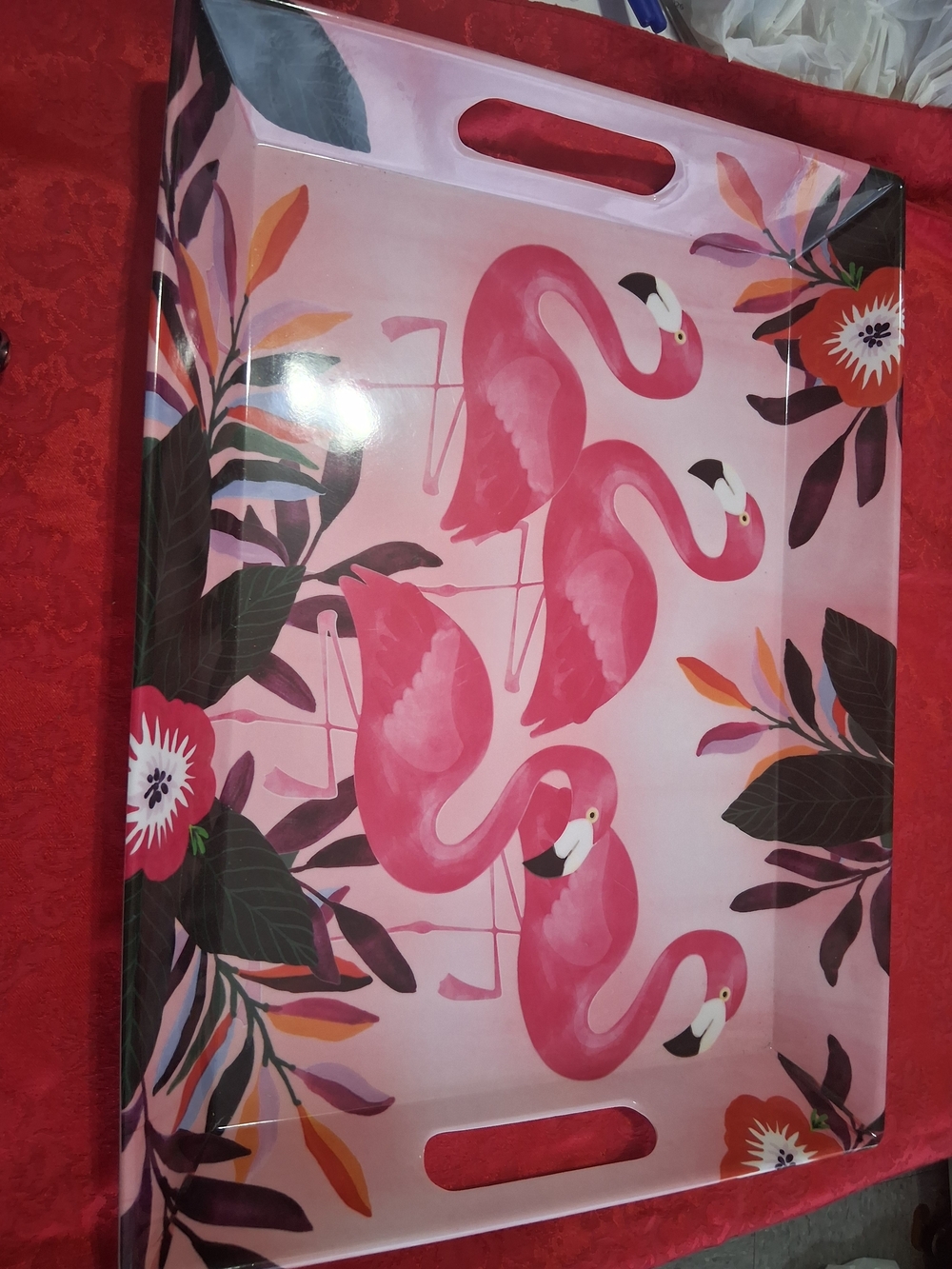 Celebrate It Pink Flamingo Serving Tray with Tropical Floral Accents